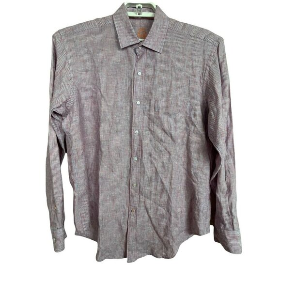 J McLaughlin Men's size M Linen Red Blue Striped Long Sleeve Button Up Shirt - Picture 1 of 7